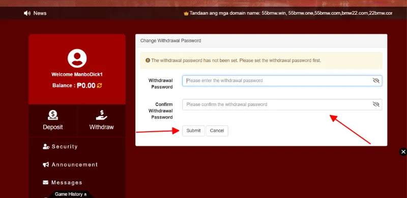 Fill password to withdrawal